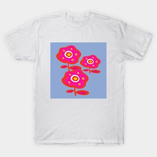 Pretty Ditsy Hot Pink Daisy Flowers on Sky Blue Background T-Shirt